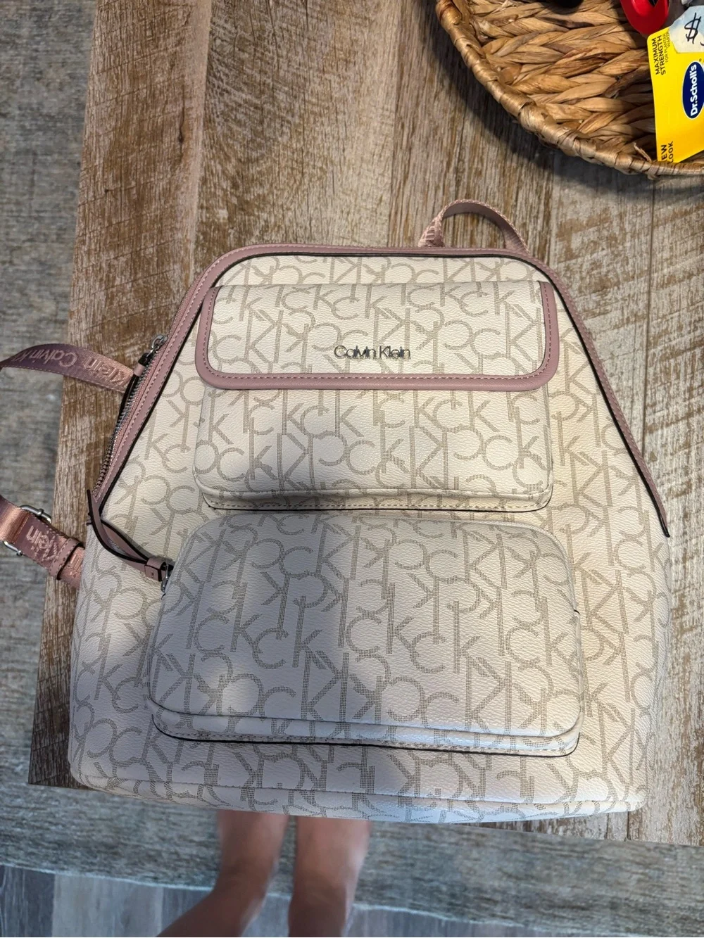 Calvin Klein Cream Canvas Backpack with Pink Trim